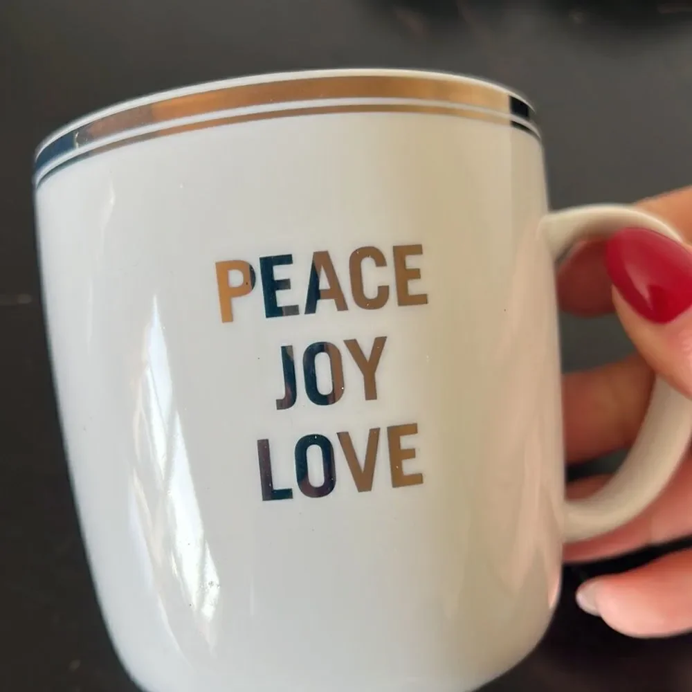 Williams Sonoma Gold “Peace Joy Love” Mug